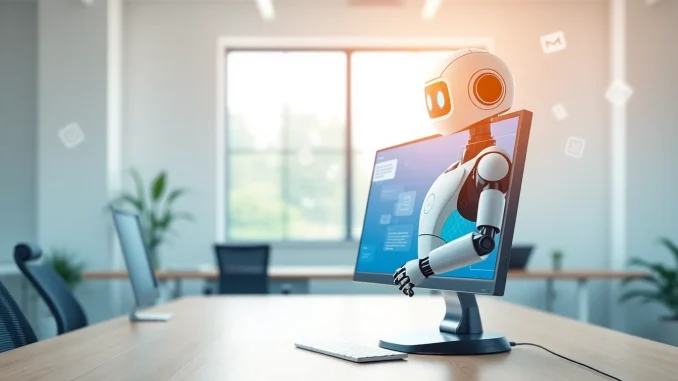 Engaging AI bot for websites interacting seamlessly with users in a modern office.