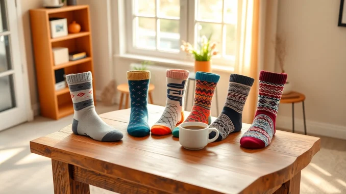 Showcasing vibrant 5 pairs mixed socks arranged on a rustic wooden table in a cozy setting.