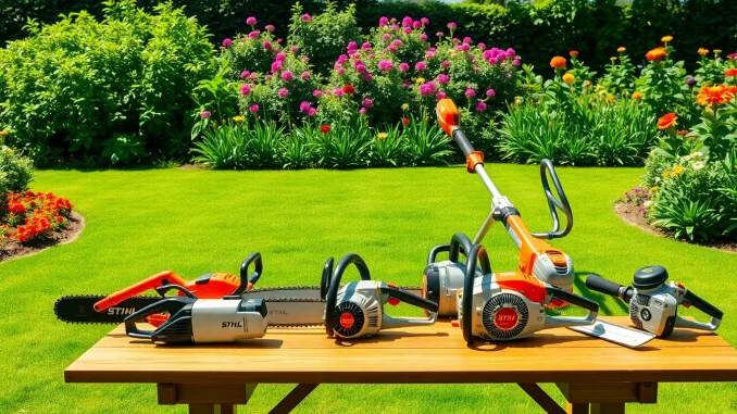 t1xp Stihl Kettensägen und Gartengeräte in einem lebhaften Garten präsentieren sich vor einer blühenden Kulisse.