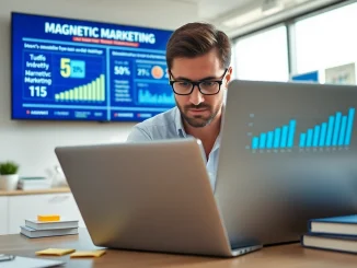 Marketing strategist analyzing Magnetic Marketing strategies in a vibrant office setting.