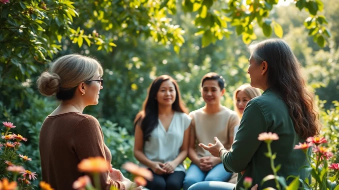 Illustrating healing trauma with a therapist guiding individuals in a tranquil garden setting.