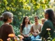 Illustrating healing trauma with a therapist guiding individuals in a tranquil garden setting.