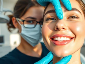Lip augmentation procedure showcasing smooth, fuller lips in a modern clinic environment.