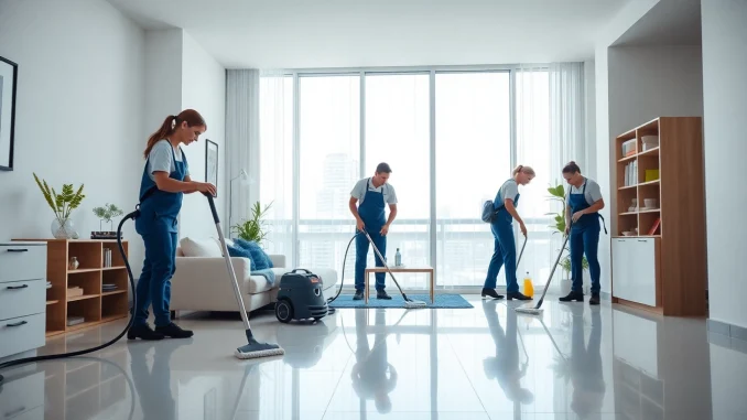 Bond cleaning Brisbane service showcasing expert team at work in a bright, modern apartment.