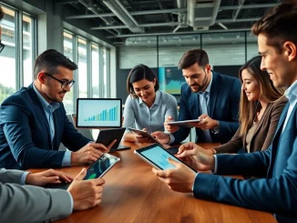 Analyze competitor pricing with a diverse business team collaborating on digital devices.