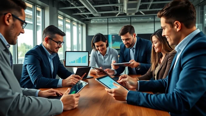 3too Analyze competitor pricing with a diverse business team collaborating on digital devices.