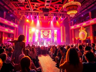 Experience the excitement of matinee vegas with a vibrant theater performance featuring colorful lights.