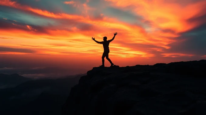 7wv8 Fight or flight moment captured as a figure stands on a cliff amidst a dramatic sunset.