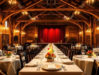 Guests enjoying a festive evening at a barn dinner theater with rustic decor and delicious cuisine.