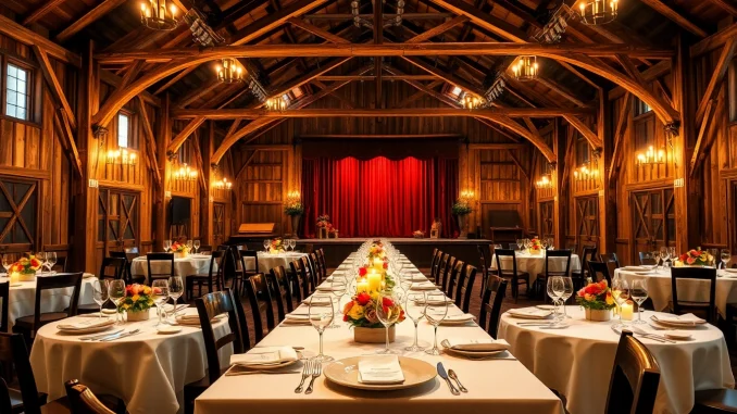 8521 Guests enjoying a festive evening at a barn dinner theater with rustic decor and delicious cuisine.