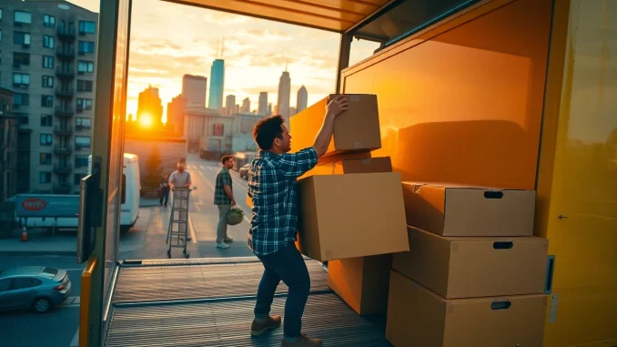Discover diligent Queens movers loading a bright truck, showcasing efficiency and teamwork.