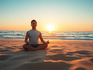 Mantra meditation scene with a serene individual practicing mindfulness on the beach.