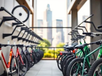 Organizing bikes in urban bike storage with sleek wall-mounted racks in a cityscape.