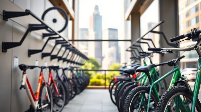 9ce3 Organizing bikes in urban bike storage with sleek wall-mounted racks in a cityscape.