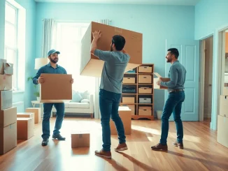 Movers executing Toronto moving efficiently with teamwork and organization in a bright apartment.