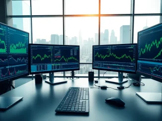 Engaging visualization of a trading network setup showcasing monitors with trading data.
