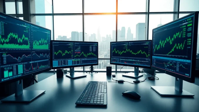 c93o Engaging visualization of a trading network setup showcasing monitors with trading data.