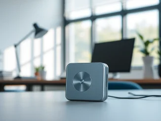 Showcase of a sleek and modern MP3 player from https://hardwareplayer.com in a vibrant workspace.