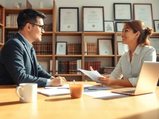 Client receiving assistance with QSM document clearing services in a professional office setting.