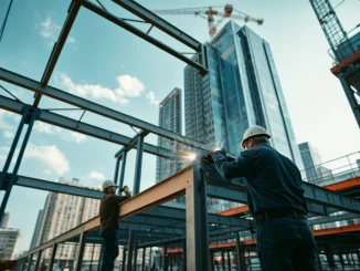Workers assembling structural steel construction for a skyscraper in an urban environment.