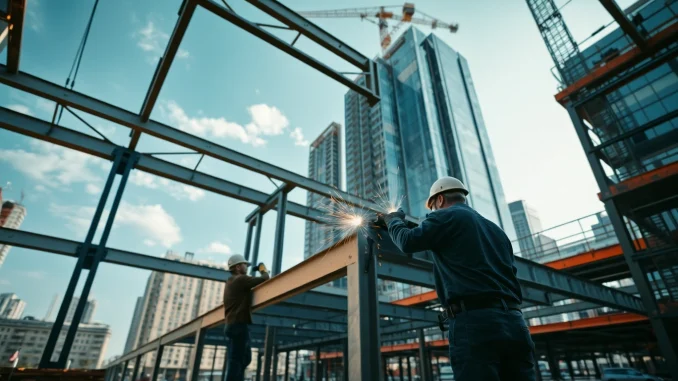 fnph Workers assembling structural steel construction for a skyscraper in an urban environment.