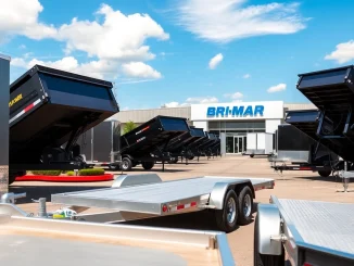 Bri-mar trailers for sale near me featuring a variety of models in a dealership with clear sky.