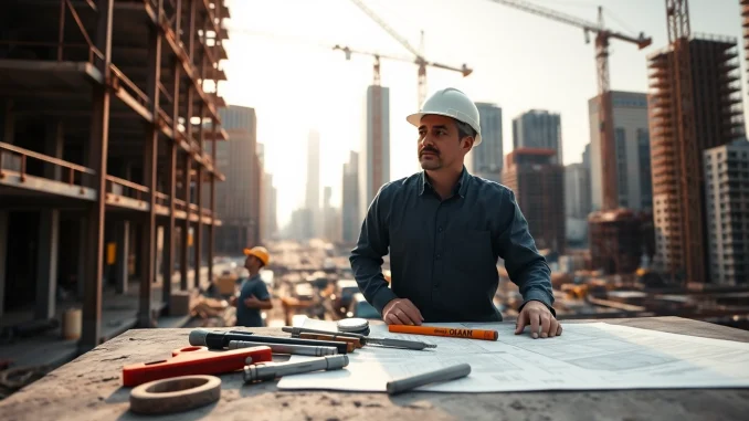 Expert New York City General Contractor overseeing a construction site with cranes and blueprints in focus.