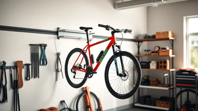 Showcasing a stylish bicycle wall hanger supporting a vibrant bike in a modern garage.