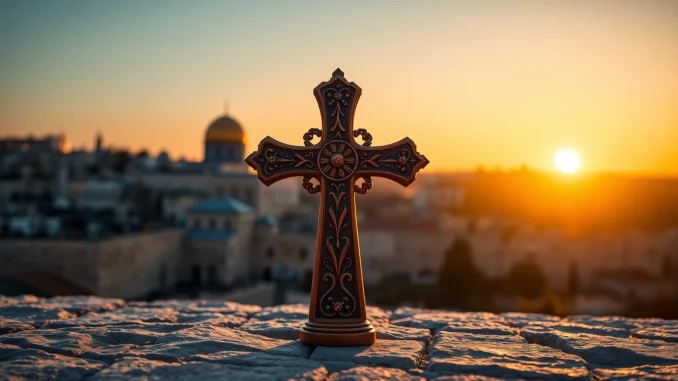 ilzm Admire a beautifully detailed Jerusalem crosses set against the historical backdrop of Jerusalem.