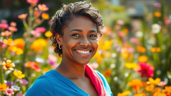 j5sm Celebrate breast cancer recovery with a vibrant female survivor smiling in a blooming garden.