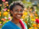 Celebrate breast cancer recovery with a vibrant female survivor smiling in a blooming garden.