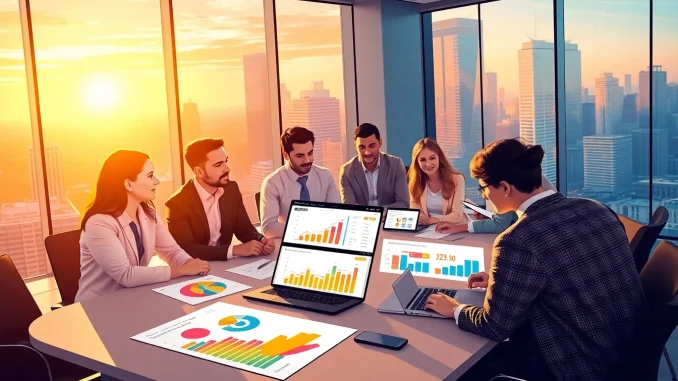 Collaborative entrepreneurs discussing strategies for fba wholesale in a vibrant office setting.