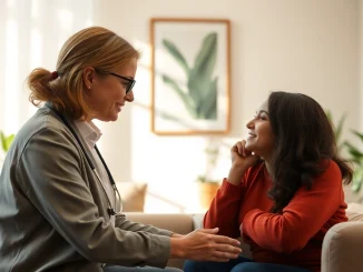 Therapist discussing coping strategies for dealing with depression with a patient in a serene setting.