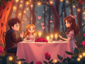 Celebrate beauty and the beast valentines with a romantic dinner scene in an enchanted forest.
