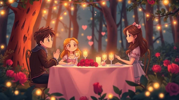 qhfk Celebrate beauty and the beast valentines with a romantic dinner scene in an enchanted forest.