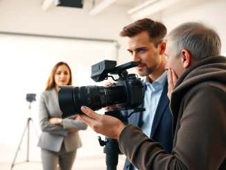Professional Photographer capturing a business portrait in a modern studio setting with bright lighting.