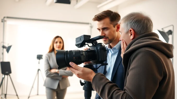 r467 Professional Photographer capturing a business portrait in a modern studio setting with bright lighting.