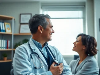 Boutique doctor consulting with a patient in a modern healthcare office setting.