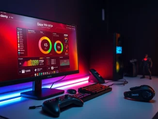 Menampilkan dashboard dax69 rtp pada monitor di lingkungan gaming modern.