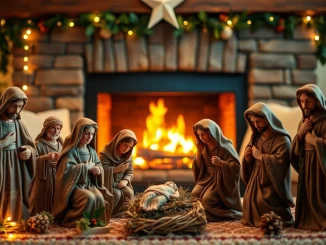 Capture enchanting nativity sets arranged beautifully during a cozy Christmas setting.