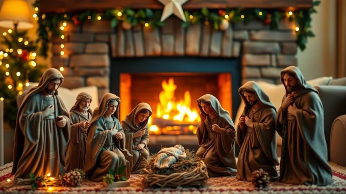 t4p9 Capture enchanting nativity sets arranged beautifully during a cozy Christmas setting.