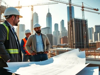 Professional New York City General Contractor coordinating a busy construction site in the heart of NYC.