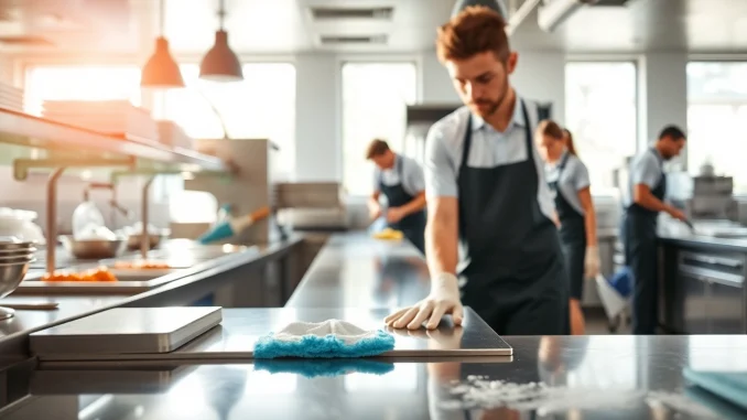 u2ef Efficient restaurant janitorial cleaning service team maintaining a pristine kitchen environment.