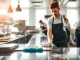 Efficient restaurant janitorial cleaning service team maintaining a pristine kitchen environment.