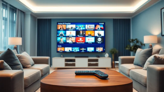v2pa Comprar IPTV en un entorno de sala de estar moderna con una configuración de entretenimiento atractivo.