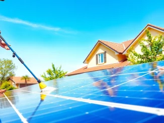 Affordable solar panel cleaning Phoenix technician cleaning panels on a sunny roof.