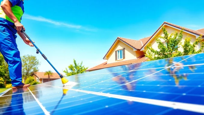 vgrl Affordable solar panel cleaning Phoenix technician cleaning panels on a sunny roof.
