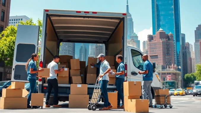xe2p Dynamic view of a Manhattan moving company team loading boxes into a van in a vibrant urban setting.