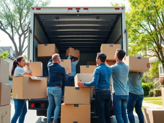 Efficient moving company Toronto team loading a moving truck in a residential area.